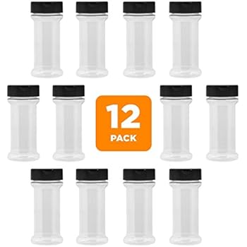 12-Pack Clear Plastic Spice Jars Storage Container Bottle-7 Oz -Flapper Cap to Pour or Shaker/Sifter- Pressure Sensitive Liner to store Spice,Herbs-BPA free (12, black caps)