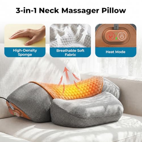 Freebody 3-in-1 Neck Massager Pillow with Heat & Massage, Ergonomic Neck Support Pillow with Stretching Support for Home & Office Use, Grey
