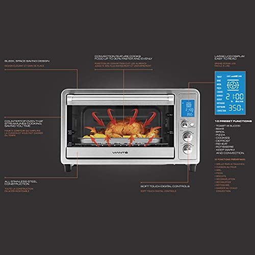Viante Digital Convection Toaster Oven | Bakes, Broils, Toasts, Defrosts, Cooks Pizza, Bakes Cookies, Keeps Food Warm | Rottisserie Feature | Brushes Stainless Steel Body | Digital Control and LCD Screen