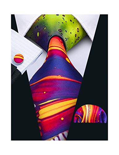 Barry.Wang Printed Silk Tie Set Hanky Cufflinks Party Neckties for Holiday Designer (Red Blue Yellow-5100)