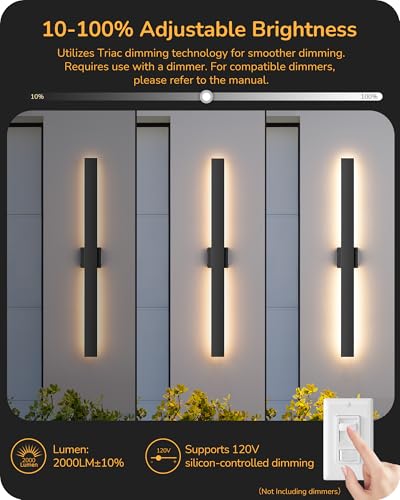 EDISHINE 2 Pack Modern Outdoor Wall Lights, 39.3" Dimmable Led Outdoor Wall Sconce, 3CCT, Iron & PC Material, 28W Waterproof Exterior Lighting Fixtures, for Front Door, Backyard, Stair, Black