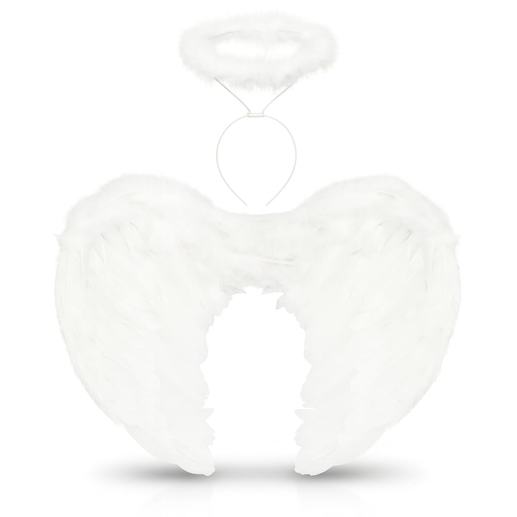 Lizzy Black Feather Wings + Halo Headband | Girls & Adults Angel Costume Accessory for Halloween, Christmas, Cosplay, Fancy Dress, Stage Shows & Hen Night Parties (White)