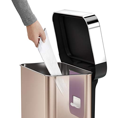 simplehuman Rectangular Step Trash Can with Liner Pocket, Rose Gold Stainless Steel, 45 L / 11.9