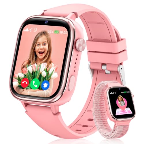 RUXINGX Reloj Inteligente Niño, Smartwatch Niños con GPS y Videollamadas, Teléfono, Chat de Voz, SOS, Modo Escuela, Cámara, Podómetro, Monitor de Sueño, IP68 Impermeable Regalo Niñas y Niños, Rosa