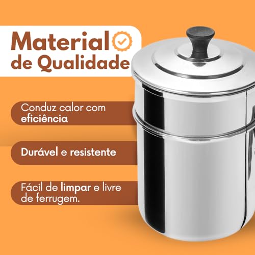 Cuscuzeira Individual de Alumínio Polido, 15 cm Altura, 10 cm Diâmetro, com Tampa e Alça, para Cuscuz e Legumes a Vapor