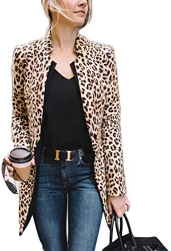 Women Long Sleeve Leopard Print Cardigan Open Front Long Blazer Casual Outwear Coat Jacket