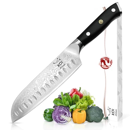 KOI ARTISAN Chefs Santoku Knife – 7 Inch Razor Sharp Edge Chef Knifes - 67 Layers of Premium Kitchen Knives - Damascus Japanese Knives VG10 Super Steel - Corrosion & Stain Resistant…