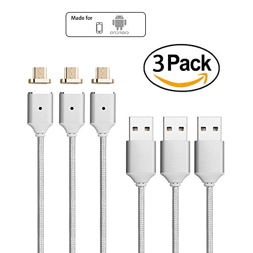 Netdot 2nd Generation Magnetic Braided USB Charging Cable for Samsung Galaxy S2 S3 S4 S6, Note 2/3/4/5, LG G4 G3, Sony Xperia Z5 Premium/Compact etc (3 Pack Silver)