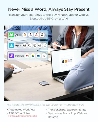 BOYA Notra AI Voice Recorder,Ambient/Phone Call/Bluetooth Capture, AI Transcription&Smart Summary, Support 140+ Languages, 64GB Storage, Magnetic Note Taker for Meetings,Lectures,Interviews(Sliver)