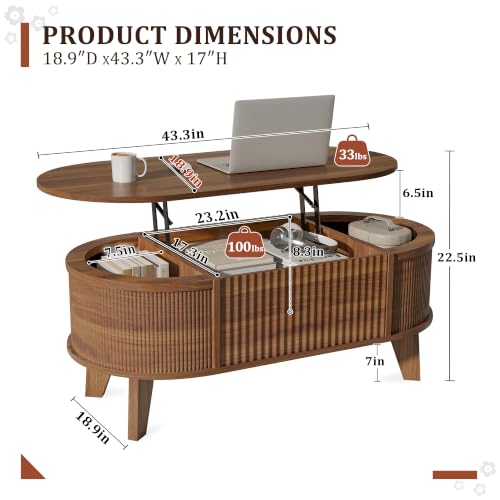 LYNCOHOME Fluted Lift Top Coffee Table with Hidden Compartment, Modern Oval Coffee Table for Living Room, Home Office, Walnut