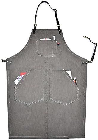 XIAKA Gray Denim Bib Apron With Black Leather Back Waist Strap Barista Baker Bartender BBQ Chef Aprons (L, Gray A)
