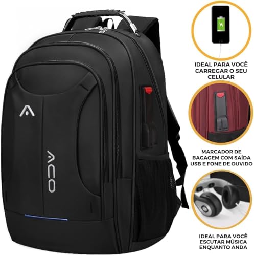 Mochila Masculina Feminina para Notebook 17” Executiva – Impermeável, Antifurto, USB e Fone, Alça Reforçada de Aço, Escolar, Faculdade, Trabalho, Viagem, Grande, Confortável, Premium'