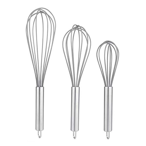Set of 3 Silicone Gray Whisks with Stainless Steel handles. Milk & Egg Beater Balloon Metal Whisk for Blending, Whisking, Beating and Stirring. Whisks for cooking by Dragonn. (Gray) - Thumbnail 2