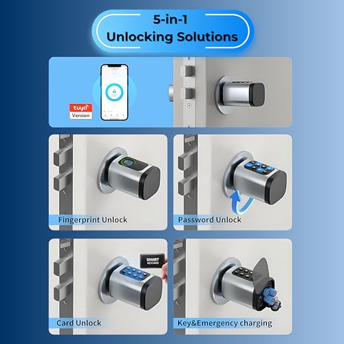 Smart Door Lock Keyless Entry 5 in 1 with Fingerprint, Keypad Lock, IC Card, and Mobile App Control, Remote Access via Gateway, Adjustable Cylinder, for Homes,Offices, & Vacation Rentals