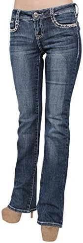 Sexy Couture S001-PB Women's Rhinestone Stitched Stud Flap Pocket Boot Cut Jeans,DENIM,1