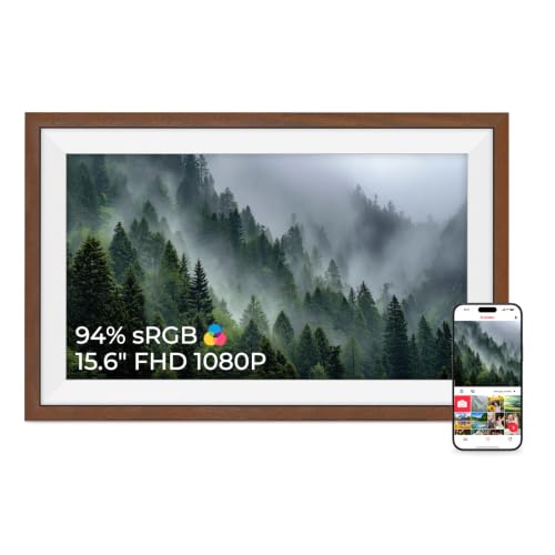 Frameo Groß Digitaler Bilderrahmen WLAN 15.6 Zoll 94% sRGB 1920 * 1080 FHD IPS Touchscreen, Walnussholz Elektronischer Bilderrahmen mit 32GB, Fotos/Vi