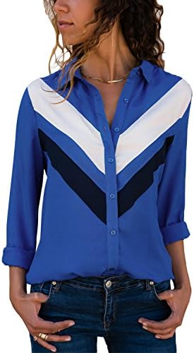 Silindashop Womens Blouses V Neck Color Block Stripes Button Up Blouse Casual Work Shirt Tops with Long Sleeve