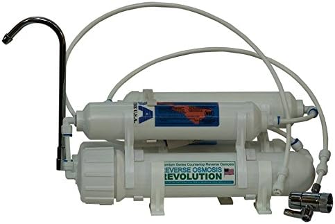 Premium Countertop Reverse Osmosis Revolution Water Filtration System with 100 GPD membrane. Made in USA. Universal faucet/laundry outlet connection.