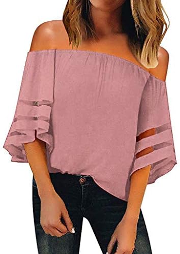 Kviklo Blouse Women Boat Neck Loose Lace Shirt with 3/4 Flare Sleeve Solid Color Tops Shirt
