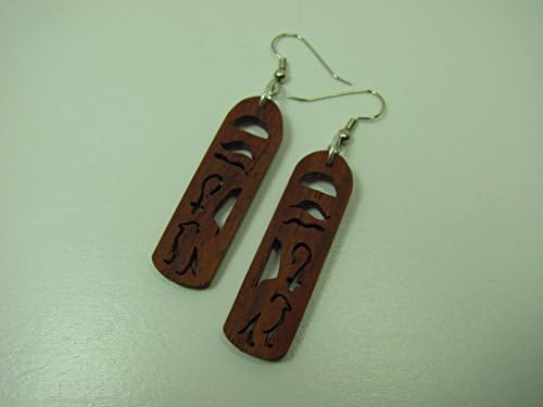 Hand-crafted natural wood drop earrings. Unique and one-of-a-kind. Original design. Hand-crafted natural wood drop earrings. Unique and one-of-a-kind. Original design. In an Egyptian Cartouche style.