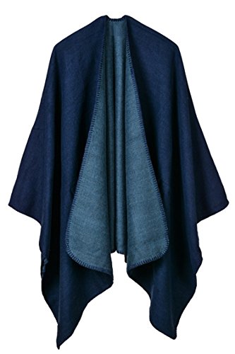 Pink Queen Women Oversized Cashmere Knitted Poncho Cape Cardigan Coat Shawl Wrap (Navy Blue-728)
