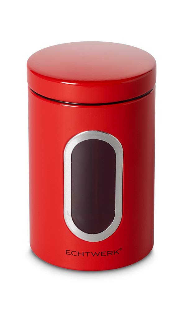 ECHTWERK Stylish Storage Jars Single, Red, for Storing Flour, Sugar, Cereal, Tea, Metal Tin with Airtight Lid and Large Viewing Window, Capacity 1.4 L