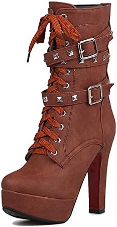 Odetina Women's Brown Synthetic High Heel Platform Mid Calf Punk Boots With Rivet 5 M US