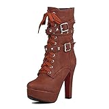 Odetina Women's Synthetic High Heel Platform Mid Calf Punk Boots With Rivet