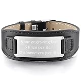 MeMeDIY Silver Tone Black Stainless Steel Genuine Leather Bracelet Bangle Cuff Adjustable - Customized Engraving