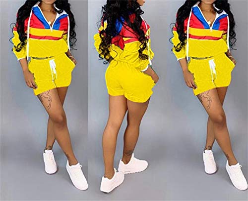 Women Jogging Suits Color Block Long Sleeve V Neck Crop Tops Bodycon Shorts Tracksuit Sets Activewear 2 Piece Outfits