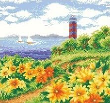 Qihu's 5d Crystal Diamond Painting DIY Counted Paint By Number Kits, Summer Sea Ocean Blue Sky Flower Picture