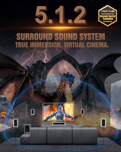 Hiwill-Audio 5.1.2ch Surround Sound System, Soundbar for TV with Subwoofer, Bass Boost, 4 Virtual Surround Speakers, Home Cinema Sound Bars Speaker, 400W Peak Power, Works w/ARC/OPT/BT 5.3/AUX/USB