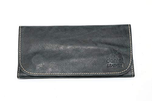 Soft Genuine Leather Smoking Tobacco Pouch Case Made in Real Leather with Lining, Rolling Paper Pouch and Back Pocket for Filters (Black)