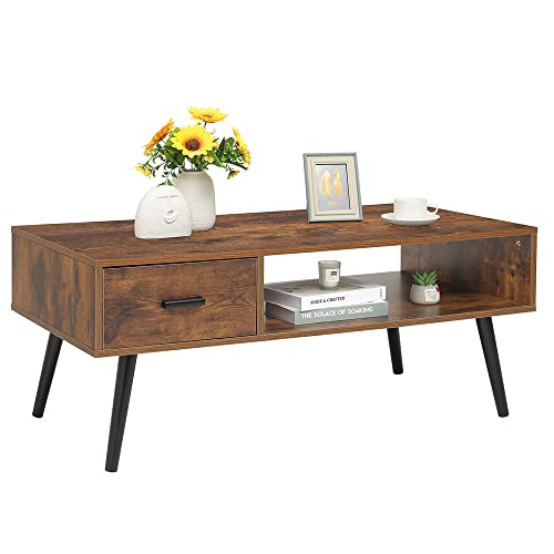 Iwell Mid Century Coffee Table with Drawer and Storage Shelf for Living