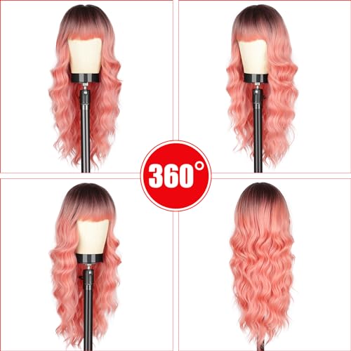 POPTAIYU Ombre Pink Wig with Bangs Long Wavy Wig With Air Bangs Silky Full Heat Resistant Synthetic Hair Pink, Hair Replacement Natural Looking Wigs for Christmas/Cosplay/Party 26 Inches(Ombre Pink)