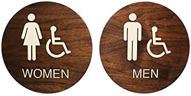 Womens Mens ADA Restroom Signs - Dark Walnut Office Bathroom Signage - 12" Diameter Set of 2 Signs - Text &amp; Grade 2 Braille - Handicap Accessible