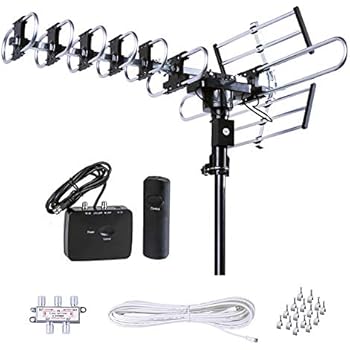 FiveStar Outdoor HD TV Antenna Strongest Up to 200 Miles Long Range with Motorized 360 Degree Rotation, UHF/VHF/FM Radio with Infrared Remote Control Advanced Design Plus Installation Kit