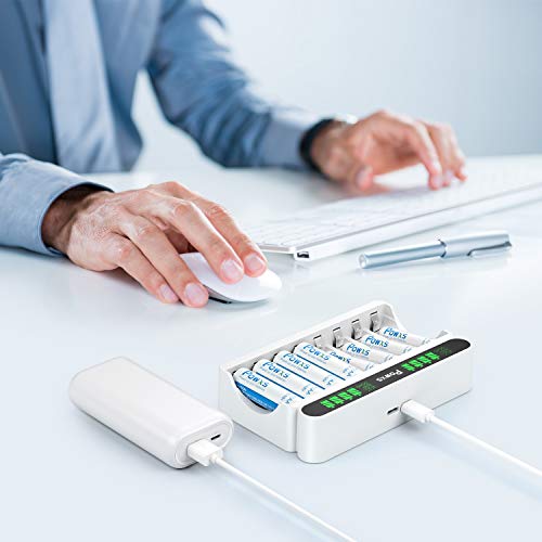 POWXS LCD AA AAA Battery Charger Independent 8 Bay Battery Charger, Including 4 Count AA and 4 Count AAA Rechargeable Batteries