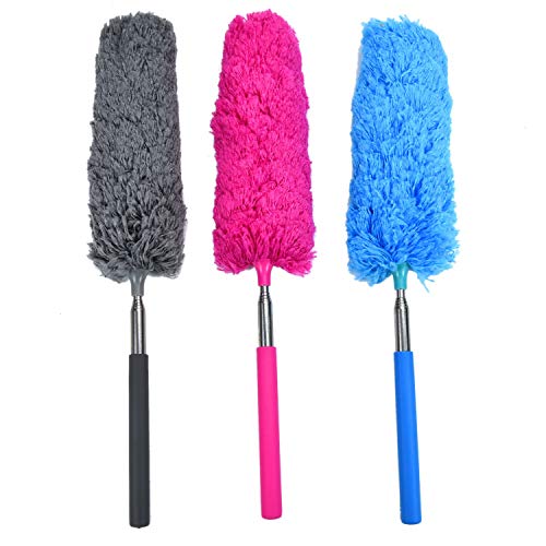 WEFOO Set of 3 Microfiber Duster Extendable Brush Washable Dusting Brush for Interior Roof, Ceiling Fan,Cobweb Duster, Cars-Wet or Dry Use,Bue Coffee And Rose Red