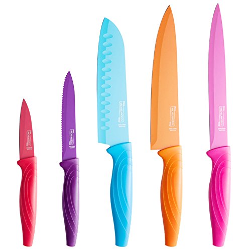 UPC 638142596725, MICHELANGELO 10 Piece Rainbow Kitchen Knife Set - 5 Knives and 5 Matching Knife Sheath Covers, High Carbon Stainless Steel Knives - Santoku Knife, Bread Knife, Chef Knife, Slicing Knife, Paring Knife