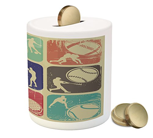 Sports Piggy Bank by Ambesonne, Assorted Sports Banners Vintage Grunge Effect Tennis Soccer Bowling Sports Pub Theme, Printed Ceramic Coin Bank Money Box for Cash Saving, Multicolor
