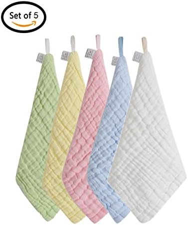 Rohern Baby Muslin Washcloths Set of 5 Baby Face Hand Towel Sets with a Free Natural Organic Cotton Baby Bib