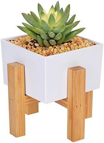 Succulent Planter Stand with 3.1 Inch Mini White Planter Pot, Mid Century Modern Indoor Plant Holder (Pack of 1 Square Planter Box and 1 Bamboo Stand)，CUUCOR