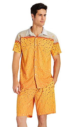 RAISEVERN Men Regular Fit 3D Beer Drop Printed STAG Short Sleeves Button Down Hawaiian Shirts Aloha Yellow