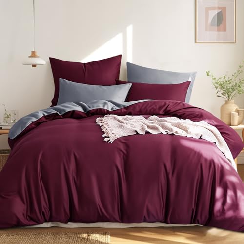 RUIKASI Bettwäsche 200x200 Baumwolle Rot - Bettwäsche-Sets 200x200cm 3teilig Wendebettwäsche 3tlg mit Reißverschluss, zweifarbige Bettbezug Set Burgun