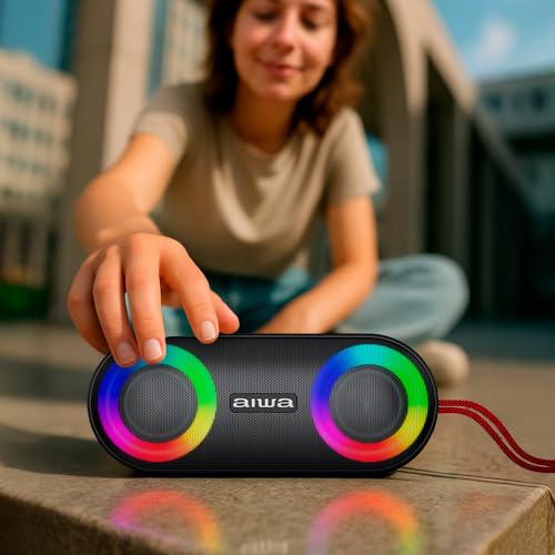 Aiwa Bocina Bluetooth Portátil 20W RMS con Luces LED, Bluetooth 5.3, Sonido Estéreo TWS, Resistente al Agua IPX5, Radio FM, Entradas USB, AUX y TF, Batería 3000 mAh, Ligera y Compacta Color Negro