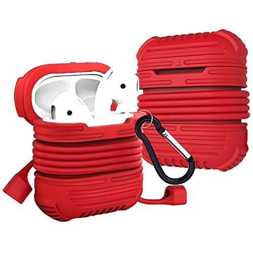 Rugged Airpods Protective Case Compatible for Apple, Airpods Accessories Silicone Shockproof Charging Case with Carabiner Keychain and Anti Lost Strap for Travel Storage - Red