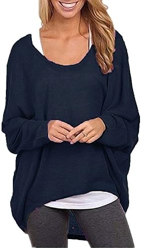 RJXDLT Women's Long Batwing Sleeve Pullover Tops Casual Loose Oversized Shirts Off Shoulder Baggy Blouse Navy 2XL