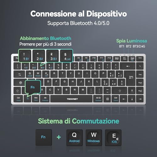 TECKNET Rechargeable Bluetooth Keyboard, 4-Device (2.4G USB+3BT), Italian Mini Wireless Keyboard, Easy-Switch for Windows, MacOS, iOS, Android, Samsung Tablet, Smart TV, Italian QWERTY Layout