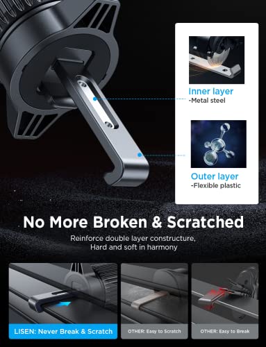 LISEN 2025 Car Phone Mount, Phone Holders for Your Car [Thick Cases Friendly] Car Phone Holder Air Vent Wider Clamp & Metal Hook Cell Phone Car Mount for iPhone Pro Max Samsung Smartphones